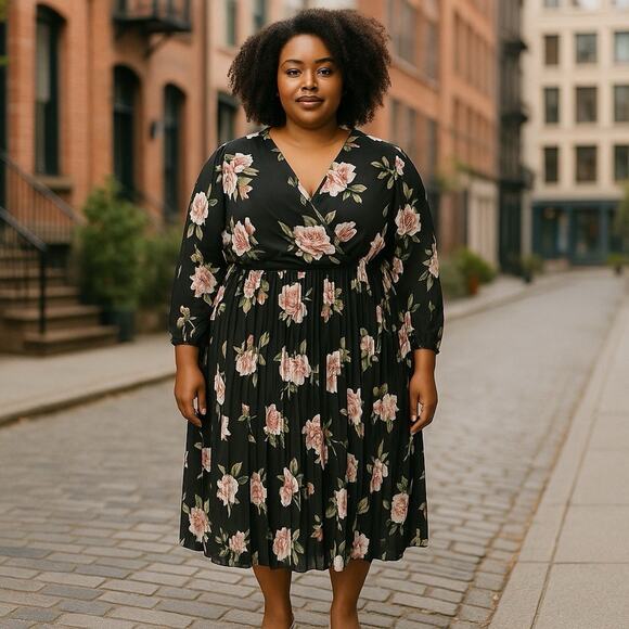 Indigo Rose Dresses & Skirts - Indigo Rose 2X Dress Floral Black Pink And Green Flowers Long Sleeve Breathable